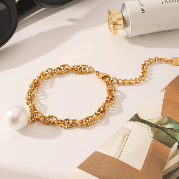 Women's Stainless Steel Handmade Pearl Chain Bracelet With Geometric Pattern Electroplated And Vacuum Plated