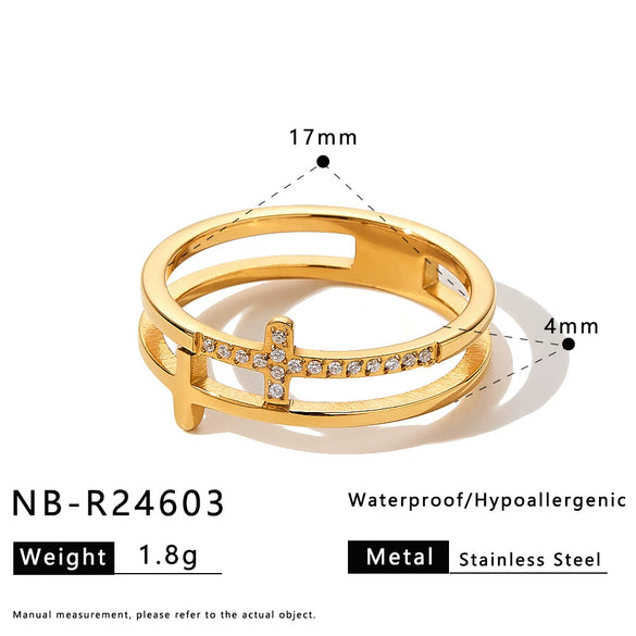 Women's Stainless Steel Heart And Cross Ring With Zircon Inlay And Electroplated Geometric Light Luxury Design