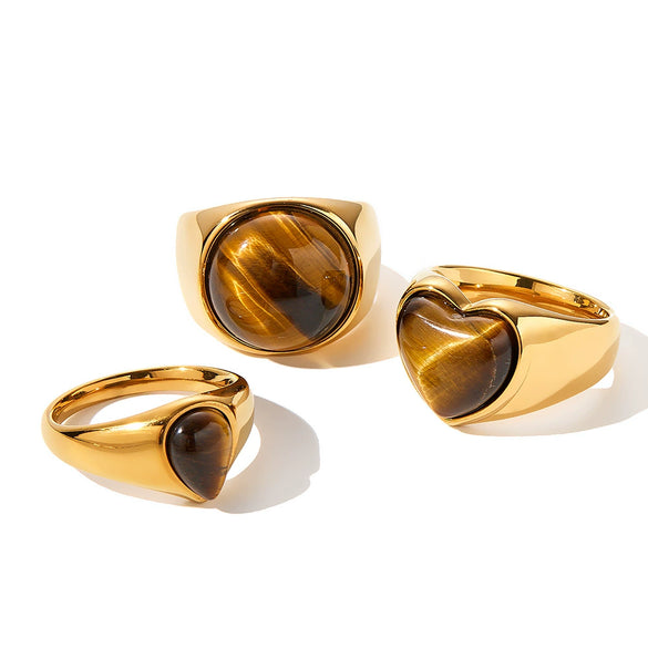 Women's Stainless Steel Heart And Drop Shape Ring With Tiger Eye Stone Retro Light Luxury Electroplated Non Fading Fashion Jewelry