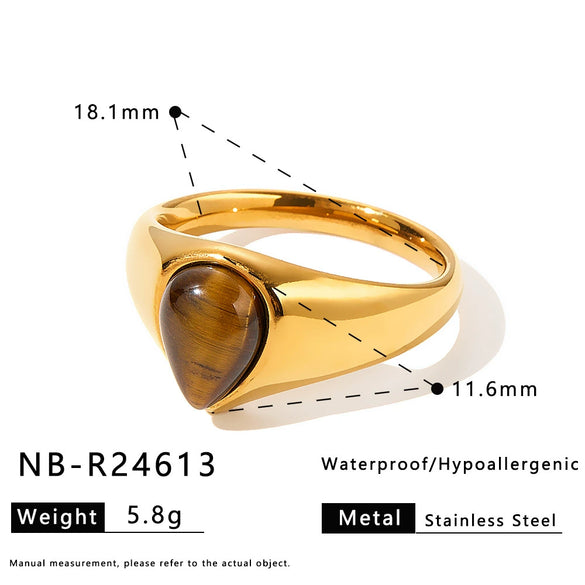 Women's Stainless Steel Heart And Drop Shape Ring With Tiger Eye Stone Retro Light Luxury Electroplated Non Fading Fashion Jewelry