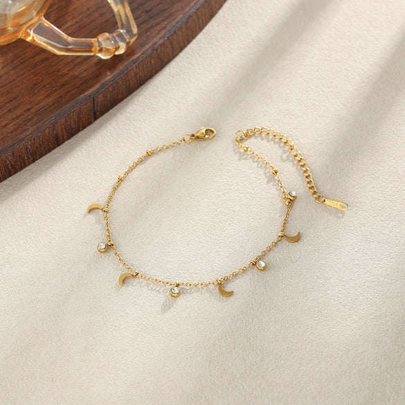 Women's Stainless Steel Heart Cross Pendant Anklet With Gold Tone Finish Star Pattern And Glass Diamond Accents On A Thin Chain