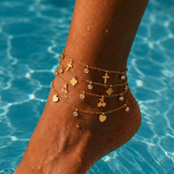 Women's Stainless Steel Heart Cross Pendant Anklet With Gold Tone Finish Star Pattern And Glass Diamond Accents On A Thin Chain