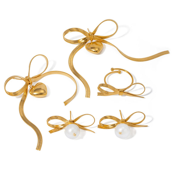 Women's Stainless Steel Heart Pattern Bow Series Earrings Necklace Ring With Butterfly Tassel And Electroplating