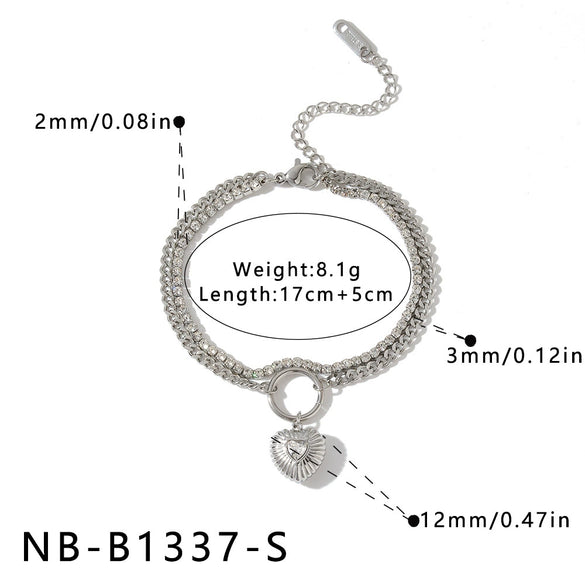 Women's Stainless Steel Heart Pattern Bracelet With Zircon Rhinestones 18K Gold Vacuum Plated Geometric Chain Jewelry