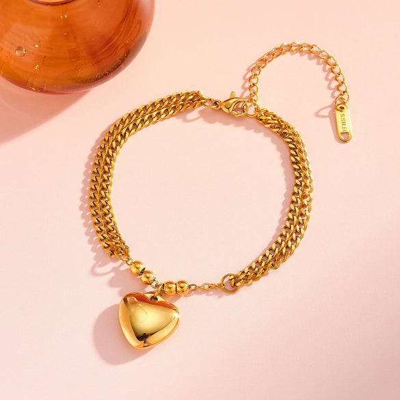 Women's Stainless Steel Heart Pendant Bracelet With Geometric Style And 18K Gold Vacuum Plated Finish