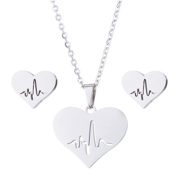 Women's Stainless Steel Heart Pendant Ochain Necklace And Matching Earrings Set With Electroplated Finish