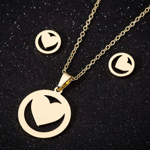 Women's Stainless Steel Heart Pendant Ochain Necklace And Matching Earrings Set With Electroplated Finish