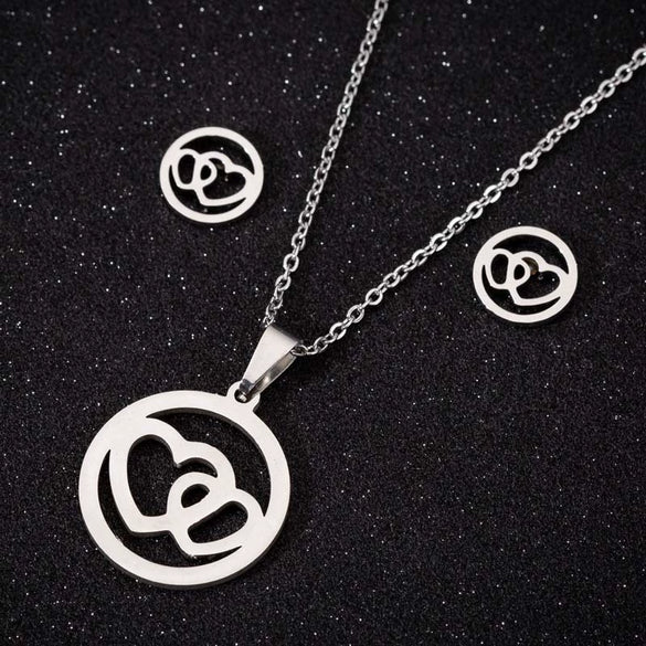 Women's Stainless Steel Heart Pendant Ochain Necklace And Matching Earrings Set With Electroplated Finish