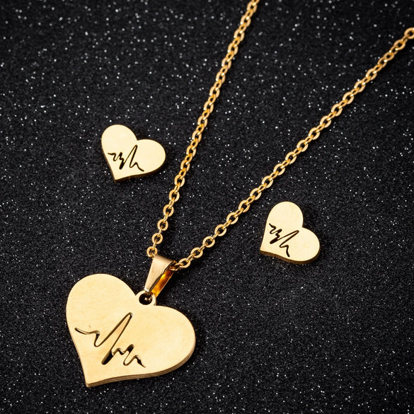 Women's Stainless Steel Heart Pendant Ochain Necklace And Matching Earrings Set With Electroplated Finish