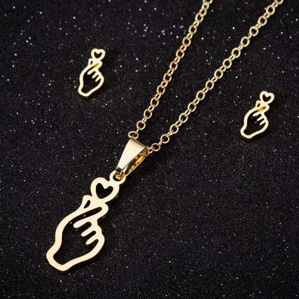 Women's Stainless Steel Heart Pendant Ochain Necklace And Matching Earrings Set With Electroplated Finish