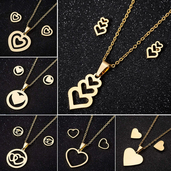 Women's Stainless Steel Heart Pendant Ochain Necklace And Matching Earrings Set With Electroplated Finish