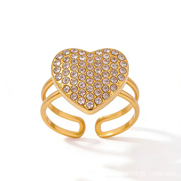 Women's Stainless Steel Heart Ring Geometric Open Adjustable Band With Full Rhinestone Inlay Pvd Gold Plated Fashion Jewelry