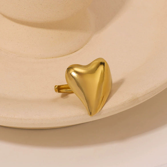 Women's Stainless Steel Heartshaped Glossy Asymmetrical Opening Adjustable Electroplated Ring