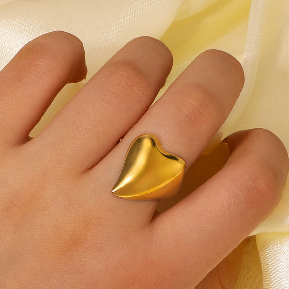 Women's Stainless Steel Heartshaped Glossy Asymmetrical Opening Adjustable Electroplated Ring