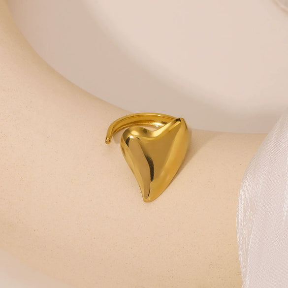 Women's Stainless Steel Heartshaped Glossy Asymmetrical Opening Adjustable Electroplated Ring