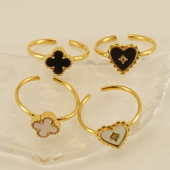Women's 316L Stainless Steel Heartshaped Open Ring With Fourleaf Clover Pattern And Electroplating