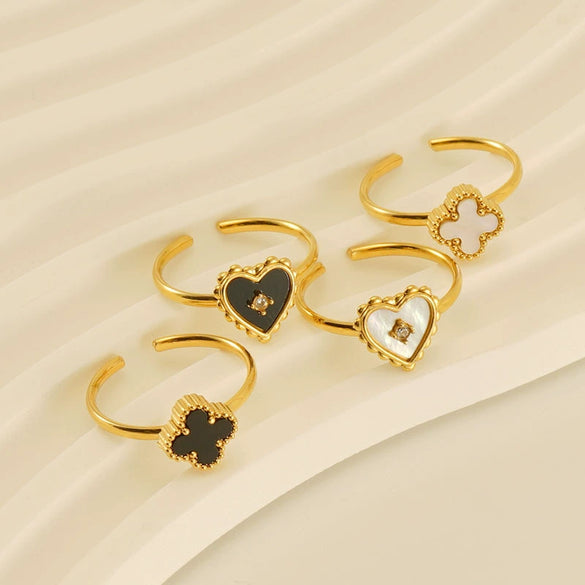 Women's 316L Stainless Steel Heartshaped Open Ring With Fourleaf Clover Pattern And Electroplating