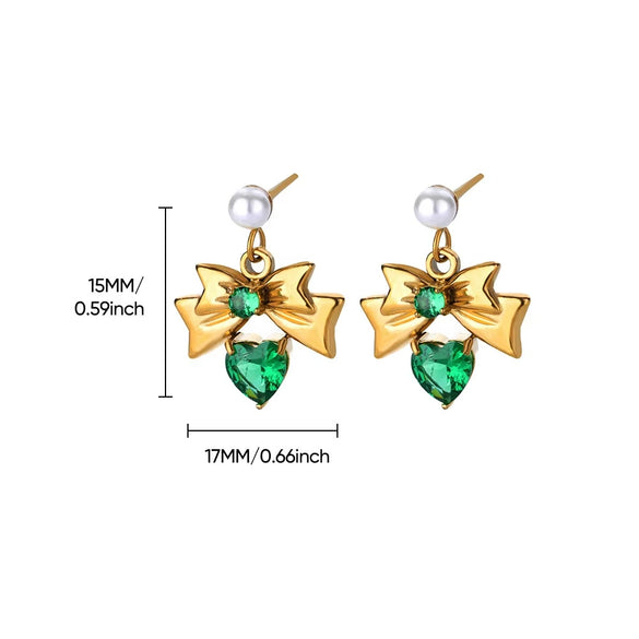 Women's Stainless Steel Heartshaped Zircon Pearl Bow Geometric Earrings
