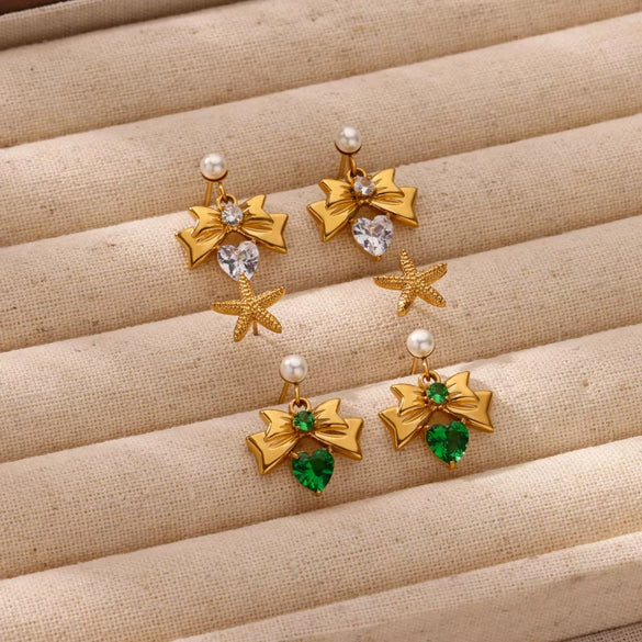 Women's Stainless Steel Heartshaped Zircon Pearl Bow Geometric Earrings