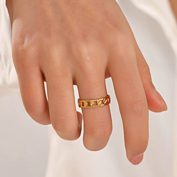 Women's Stainless Steel Hip Hop Opening Adjustable Ring With Geometric Design And Real Gold Electroplated