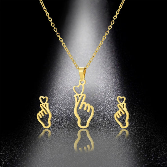 Women's Stainless Steel Hollow Hand Gesture Heart Necklace And Earring Set Electroplated Geometric Clavicle Chain Jewelry