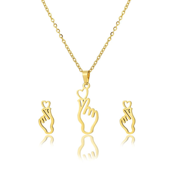 Women's Stainless Steel Hollow Hand Gesture Heart Necklace And Earring Set Electroplated Geometric Clavicle Chain Jewelry