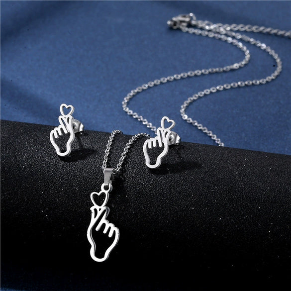 Women's Stainless Steel Hollow Hand Gesture Heart Necklace And Earring Set Electroplated Geometric Clavicle Chain Jewelry