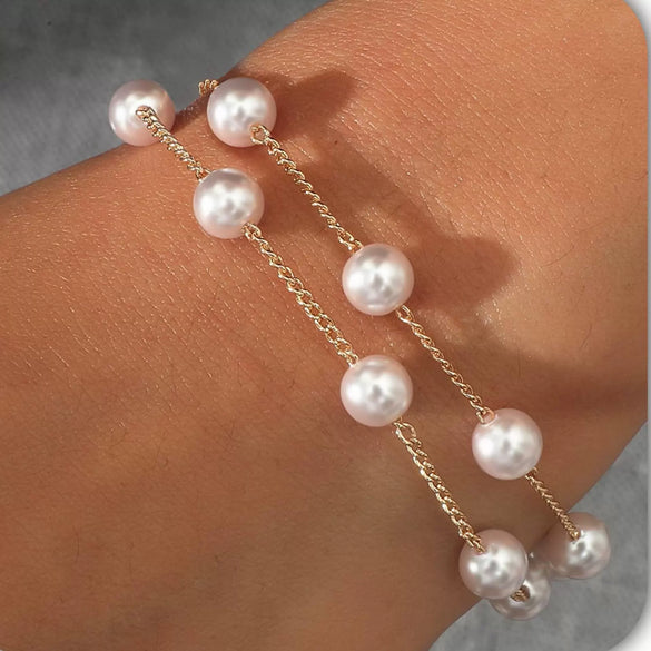Women's Stainless Steel Imitation Pearl Double Layer Bracelet With Heart And Flower Design Electroplated Retro Fashion Jewelry