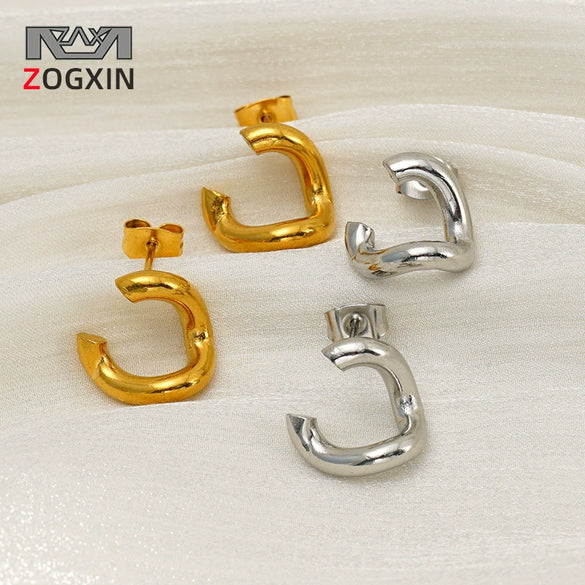 Women’s Stainless Steel Irregular Open Square Hoop Earrings With Geometric Design And Electroplated Finish