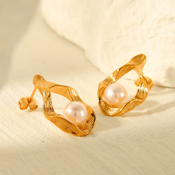 Women's Stainless Steel Irregular Pearl Electroplated Geometric Earrings