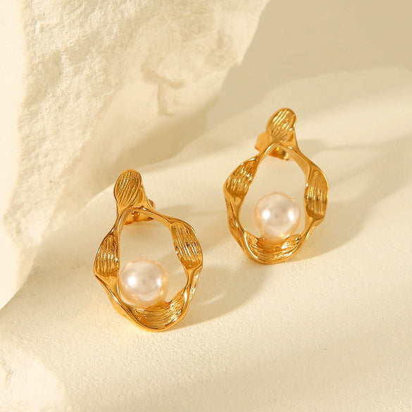 Women's Stainless Steel Irregular Pearl Electroplated Geometric Earrings