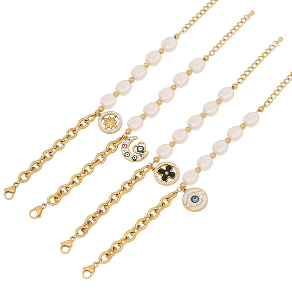 Women's Stainless Steel Jewelry Eye Bracelet With Pearl Moon And Star Pattern Electroplated