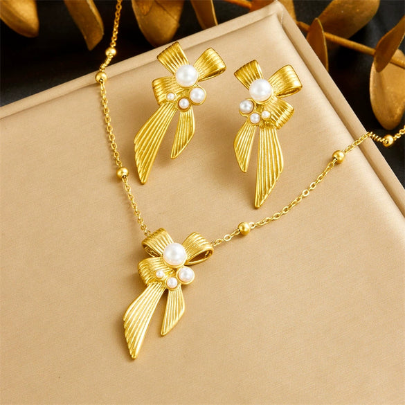 Women's Stainless Steel Jewelry Set With Pearl Bow Fireworks Design And Electroplating Treatment