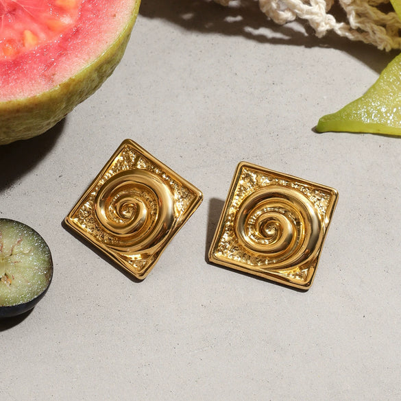 Women's Stainless Steel 18K Gold Electroplated Geometric Pattern Square Earrings