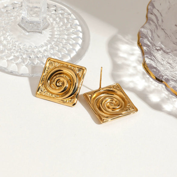 Women's Stainless Steel 18K Gold Electroplated Geometric Pattern Square Earrings