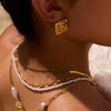 Women's Stainless Steel 18K Gold Electroplated Geometric Pattern Square Earrings