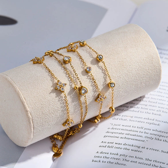 Women's Stainless Steel 18K Gold Plated Geometric Heart Bracelet With Zircon Inlay And Electroplated Finish