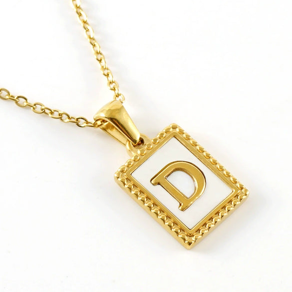 Women's 316L Stainless Steel 18K Gold Plated Letter Pendant Necklace With Natural Shell Inlay And Electroplating