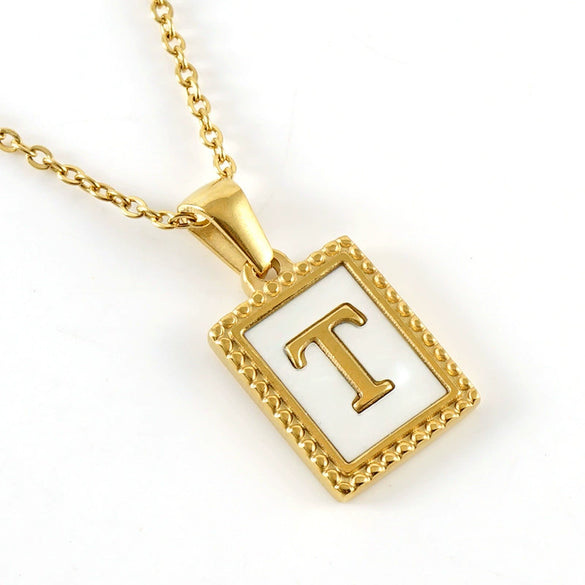 Women's 316L Stainless Steel 18K Gold Plated Letter Pendant Necklace With Natural Shell Inlay And Electroplating
