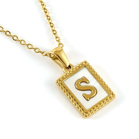 Women's 316L Stainless Steel 18K Gold Plated Letter Pendant Necklace With Natural Shell Inlay And Electroplating