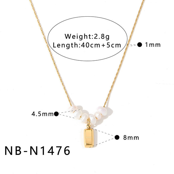 Women's Stainless Steel 18K Gold Plated Necklace With Natural Pearl Small Square Geometric Pendant And Regular Clavicle Chain