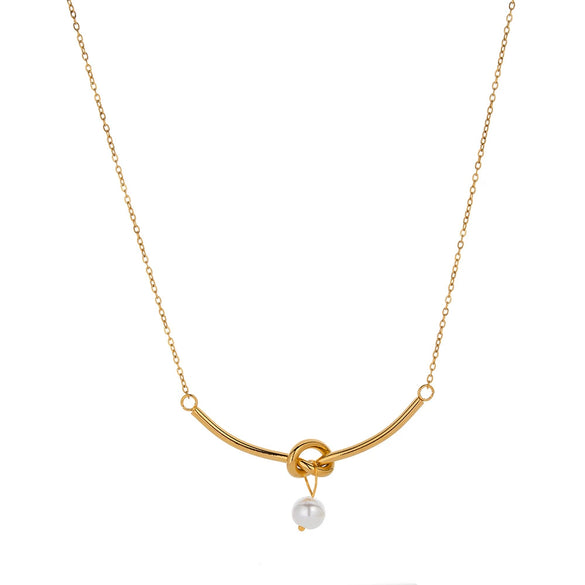 Women's Stainless Steel Knotted Pearl Clavicle Necklace With Geometric Design And 18K Vacuum Plated Finish