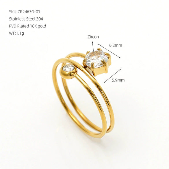 Women's Stainless Steel Layered Hexagonal Colored Zircon Ring With Electroplated Finish Simple Geometric Fashion Jewelry