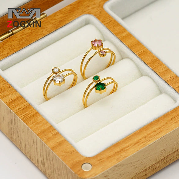 Women's Stainless Steel Layered Hexagonal Colored Zircon Ring With Electroplated Finish Simple Geometric Fashion Jewelry
