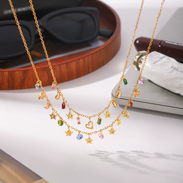 Women's Stainless Steel Layered Tassel Necklace With Rhinestone Star And Heart Pendants Pvd Real Gold Plated Geometric Jewelry
