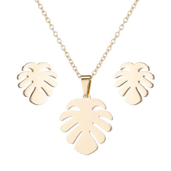 Women's Stainless Steel Leaf Earrings And Necklace Set With Electroplated Botanical Design Natural Fashion Jewelry
