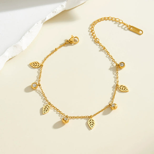 Women's Stainless Steel Leaf Pattern Geometric Bracelet With Rhinestones And Vacuum Plated Finish