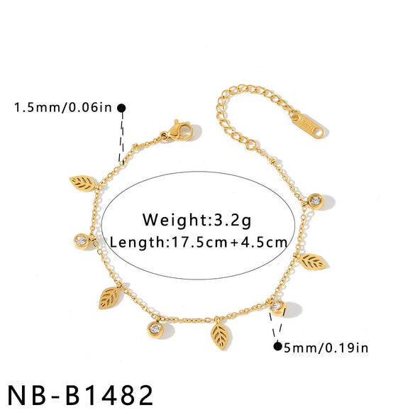 Women's Stainless Steel Leaf Pattern Geometric Bracelet With Rhinestones And Vacuum Plated Finish
