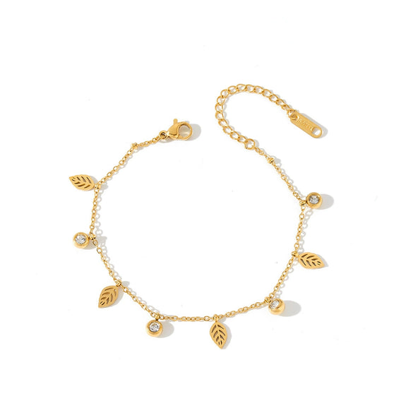 Women's Stainless Steel Leaf Pattern Geometric Bracelet With Rhinestones And Vacuum Plated Finish
