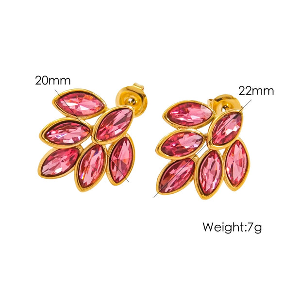 Women's Stainless Steel Leaf Shaped Earrings Inlaid With Colorful Zircon Polished And Vacuum Furnace Treated